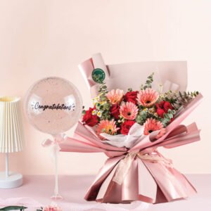 Diates Bouquet (fresh flower) + 10″ Lolipop Bubble Balloon