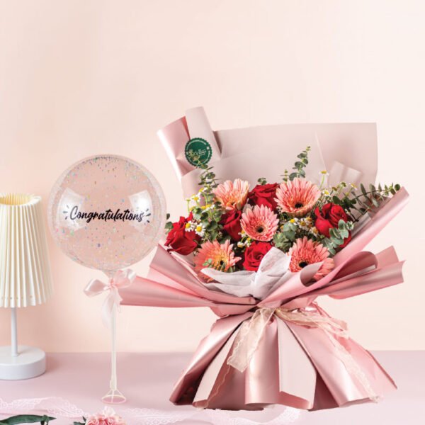 Diates Bouquet (fresh flower) + 10″ Lolipop Bubble Balloon