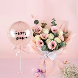 Caley Bouquet (fresh flower) + 10″ Lovey Dovey Bubble Balloon